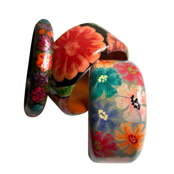 Jewelry - Group of 3Vintage Hand Painted Wood Bangle Bracelets